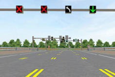 Off-peak mid-bridge gantry recommendations (DRLT).  This image shows the recommended signing for an overhead gantry located in the center of the bridge during Off-peak hours. This gantry features an overhead lane use control signal centered over each lane.  Reading from left to right, there’s a red “X”, a red “X”, a one-way white-on-black left-turn arrow, and a green downward pointing arrow.