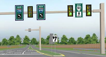 On-peak downstream gantry recommendations (DRLT); during Off-peak, leftmost changeable message sign will display a white-on-black “THIS LANE CLOSED” message. This image shows the recommended signing of the downstream intersection. There are three guide signs above a signalized intersection mounted on a cantilever structure.  On the far-left lane, there is a changeable guidance sign that reads “South 495” with an arrow pointing left and the word “ONLY” underneath. The middle lane has a dynamic sign displaying the same message. The far-right lane has a static sign reading “West 193” with an arrow pointing straight through the intersection.