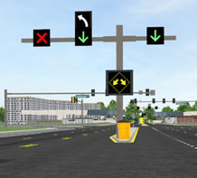 On-peak (open) pre-signal recommendations. This image shows the recommended signing at the “pre-signal” location during On-peak hours when the pocket lane is open for vehicles to queue. At the median nose, there is a changeable message sign with a positive contrast W12-1 sign (i.e., two downward pointing arrows on a yellow-on-black changeable message sign). Over the contraflow left-turn pocket lane and the two adjacent lanes to the CLTP lane, there are overhead lane use control signals. On the lane to the left of the CLTP lane, there is a red “X”. Over the CLTP lane, there is a double stacked lane use control signal; one signal indicates a green downward pointing arrow while the other is a white-on-black one-way left-turn sign. On the lane to the right of the CLTP lane, there is a green downward pointing arrow.