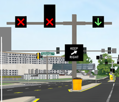 Figure 6b. On-peak  (closed) and off-peak pre-signal recommendations. This image shows the  recommended signing at the “pre-signal” location during off-peak hours and  during on-peak hours when the pocket lane is closed. At the median nose, there  is a changeable message sign with a positive contrast R4-7b sign (i.e., a changeable  message sign with white-on-black “KEEP RIGHT” and a diagonal left-pointing  arrow displayed). Over the contraflow left-turn pocket lane and the two  adjacent lanes to the CLTP lane, there are overhead lane use control signals.  On the lane to the left of the CLTP lane, there is a red “X”. Over the CLTP  lane, is a double stacked lane use control signal; one signal indicates a red  “X” while the other is blank. On the lane to the right of the CLTP lane, there  is a green downward pointing arrow.
