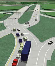 Artist’s rendering of a three-lane highway in which an offramp on the right allows traffice to diverge in advance of a skewed intersection.