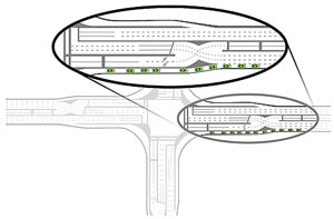 Artist’s rendering of a  displaced left-turn intersection. In this rendition of a multi-lane intersection, traffic wishing to turn right from the through roadway diverges via a dedicated right lane lane to merge with cross-street traffic. Traffic wishing to turn left is relocated upstream of the first signal-controlled ramp terminal of the diamond interchange. This left-turning traffic is crossed over the opposing through lanes. This traffic then travels on a new roadway that is situated between the opposing through lanes and a roadway and that carries the right-turning traffic from the ramp.