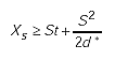 Capital X subscript S is greater than or equal to the sum of the product of Capital S times T plus the quotient of Capital S squared over the product of 2 times D asterisks.