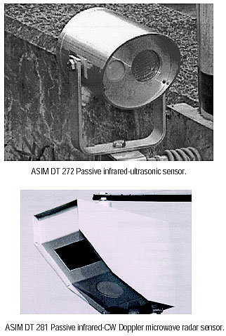 Figure 2-74. Passive infrared combination sensors. Photographs of two models of infrared combination sensors, one a passive infrared-ultrasonic sensor and one a passive infrared-CW Doppler microwave radar sensor.
