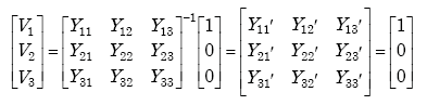 Equation A-105. First one Column three row Matrix set equal to the inverse of a three column three row matrix times a second one column matrix. This in turn is set equal to a second three column by three row matrix which is the inverse whose terms are the terms of the inverse of the first three row three column matrix times a third one column 3 row matrix. The first one column three row matrix has elements of Row 1 of Capital V subscript 1 Row 2 of Capital V subscript 2 Row 3 of Capital V subscript 3 with the first three column three row matrix first column elements of Row 1 of Capital Y subscript 11 Row 2 of Capital Y subscript 21 Row 3 of Capital Y subscript 31 With the second column being Row 1 of Capital Y subscript 12 Row 2 of Capital Y subscript 22 Row 3 of Capital Y subscript 32 With the third column being Row 1 of Capital Y subscript 13 Row 2 of Capital Y subscript 23 Row 3 of Capital Y subscript 33 This 3 colunm 3 row matrix is then inverted and multiplied times a 3 row one column matrix with the row elements of Row 1 of 1 Row 2 of 2 Row 3 of 3 In turn this equals a three row three matrix whose terms are the terms of the inverse of the first 3 x 3 matrix times a one column three row matrix. The terms of the second three row three column matrix have values for the first three column three row matrix first column elements of Row 1 of Capital Y subscript 11 prime Row 2 of Capital Y subscript 21 prime Row 3 of Capital Y subscript 31 prime With the second column being Row 1 of Capital Y subscript 12 prime Row 2 of Capital Y subscript 22 prime Row 3 of Capital Y subscript 32 prime With the third column being Row 1 of Capital Y subscript 13 prime Row 2 of Capital Y subscript 23 prime Row 3 of Capital Y subscript 33 prime Which in turn is multiplied by the third one column three row matrix with elements of Row 1 of 1 Row 2 of 0 Row 3 of 0.