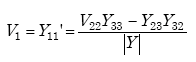 Equation A-106. Capital V subscript 1 equals Capital Y subscript 11 prime which in turn equals the quotient of the numerator Capital Y subscript 22 times Capital Y subscript 33 minus Capital Y subscript 23 times Capital Y subscript 32, all over the denominator of the determinant of Capital Y.