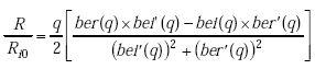 Equation A-20. R divided by R subscript I0 equals Q over 2 times the quantity Of the product in the numerator of real part of the complex Bessel function of the first kind of Q times first derivative of the imaginary part of the complex Bessel function of the first kind of Q minus the imaginary part of the complex Bessel function of the first kind of Q times the first derivative of the real part of the complex Bessel function of the first kind of Q, all over the quantity third square of the first derivative of the imaginary part of the complex Bessel function of the first kind of Q plus the square of the real part of the complex Bessel function of the first kind of Q.