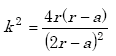 Equation A-26. k squared equals the quotient of the product of 4, r, and the quantity r minus A, all over the squared quantity of the product of 2 and r, minus A.