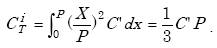 Equation A-3. C subscript T superscript i is equal to the Integral from 0 to P of the product of the squared quotient of x divided by P times C prime, integrated with respect to x, which is equal to the product of one-third, capitol C prime, and capitol P. 