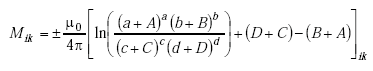 Equation A-39. Capital M subscript I K is equal to the plus or minus value of the quotient mu nought over 4 pi times the sum of the natural log of the quotient of the product of the sum A and capital A to the A power times the sum of B and capital B to the B power all over the product of the sum of C plus capital C to the C power times the sum of D plus capital D to the D power, plus capital D plus capital C minus the sum of capital B and capital A all evaluated over I K.