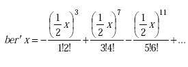 Equation A-79. First derivative Real Part of Bessel Function of X equals fraction first negative 0.5 times X raised to the third power divided by one factorial times two factorial end fraction first plus fraction second 0.5 times X raised to the seventh power divided by 3 factorial times 4 factorial end fraction second times fraction third 0.5 times X raised to the eleventh power divided by five factorial times six factorial end fraction third plus . . . et cetera.