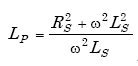 Equation A-97. Capital L subscript capital P equals the quotient of the numerator Capital R subscript capital S squared plus omega squared times capital L subscript capital S squared, all over the denominator omega squared times capital L subscript capital S.