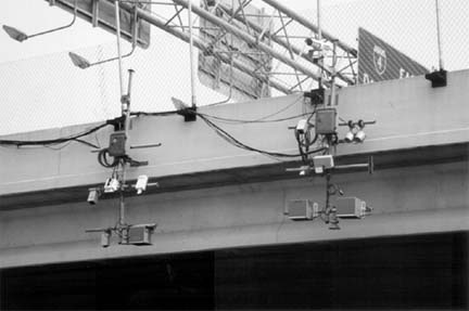 Figure 4. Overhead-mounted detectors above I-4 freeway westbound lanes near Orlando, FL