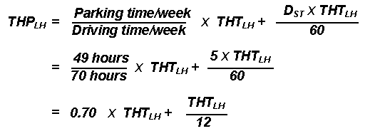 (6) THP sub LP equals Parking time per week divided by driving time per week times THT sub LH plus D sub ST times THT sub LH divided by 60, which equals 49 hours divided by 70 hours times THT sub LH plus 5 times THT sub LH divided by 60, which equals 0.70 times THT sub LH plus THT sub LH divided by 12