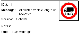 Icon Message: Allowable vehicle length on roadway (Icon design black truck inside red circle)