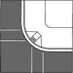 (C) Diagonal curb ramp with no clear space or no level area at the bottom of the curb ramp.
