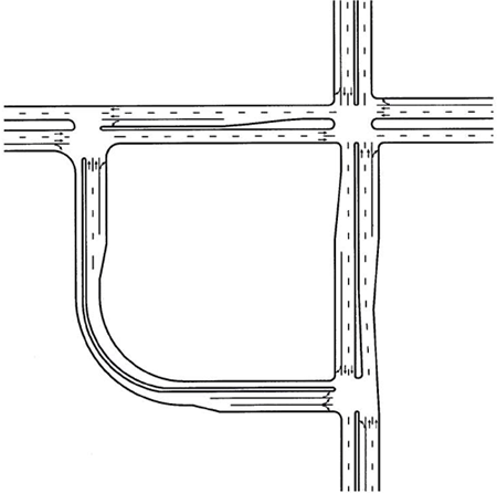 Figure 13. Diagram. Diagram of a quadrant roadway intersection. The diagram shows a quadrant roadway located in the lower left quadrant of the intersection. The quadrant roadway serves all traffic that desires to turn left at the major intersection. 