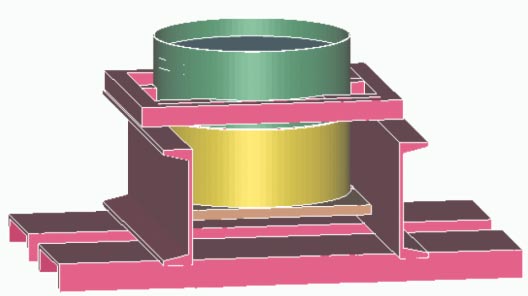 Figure 28. LS-DYNA model of direct shear test DS-4. Image. This figure shows a cylinder contained inside a rectangular collar with the front of the collar removed. The collar rests on two separate beams running parallel with each other. With the front of the collar removed, the entire cylinder is visible. The lower half of the cylinder is colored yellow, while the top half of the cylinder is green. 