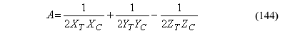 This equation reads Capital A equals the quotient of 1 divided by the product of 2 times parallel wood strength tension times parallel wood strength compression plus the quotient of 1 divided by 2 times perpendicular wood strength tension times perpendicular wood strength compression minus the quotient 1 divided by 2 times Z tension times Z compression.