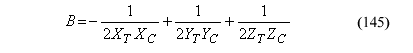 This equation reads Capital B equals the quotient of negative 1 divided by the product of 2 times parallel wood strength tension times parallel wood strength compression plus the quotient of 1 divided by the product of 2 times perpendicular wood strength tension times perpendicular wood strength compression plus the quotient of 1 divided by 2 times Capital Z tension times Capital Z compression.