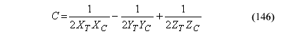 This equation reads Capital C equals the quotient of 1 divided by the product of 2 times parallel wood strength tension times parallel wood strength compression minus the quotient 1 divided by the product of 2 times perpendicular wood strength tension times perpendicular wood strength compression plus the quotient of 1 divided by the product of 2 times Z tension times Z compression.