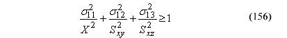 This equation reads the quotient of Orthotropic stress component subscript 11 superscript 2 divided by general parallel wood strength superscript 2 plus the quotient of orthotropic stress component subscript 12 superscript 2 divided by shear strength subscript XY superscript 2 plus the quotient of orthotropic stress component subscript 13 superscript 2 divided by shear strength subscript XZ superscript 2 is greater than or equal to 1.