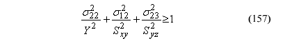 This equation reads the quotient of Orthotropic stress component subscript 22 superscript 2 divided by general perpendicular wood strength superscript 2 plus the quotient of orthotropic stress component subscript 12 superscript 2 divided by shear strength subscript XY superscript 2 plus the quotient of orthotropic stress component subscript 23 superscript 2 divided by shear strength subscript YZ superscript 2 is greater than or equal to 1.