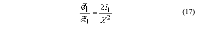 This equation reads lowercase delta parallel F over lowercase delta I subscript 1 equals 2 stress invariant subscript 1 over general parallel wood strength superscript 2.
