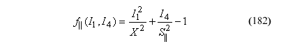 This equation reads parallel yield surface function parenthesis Trial elastic stress invariant subscript 1, Trial elastic stress invariant subscript 4 parenthesis equals the quotient of Trial elastic stress invariant subscript 1 superscript 2 divided by general parallel wood strength superscript 2 plus the quotient of Trial elastic stress invariant subscript 4 divided by parallel shear strength superscript 2 minus 1.