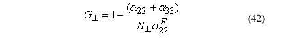 This equation reads Perpendicular hardening model translational limit function equals 1 minus the quotient of the numerator quantity of alpha subscript 22 plus alpha subscript 33, all over perpendicular hardening initiation parameter times orthotropic stress component subscript 22 superscript F.