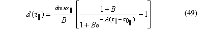 This equation reads D as a function of instantaneous parallel strain energy type term for damage accumulation equals parallel maximum damage allowed, over parallel softening parameter times the quantity of the numerator 1 plus parallel softening parameter, all over 1 plus parallel softening parameter subscript E superscript minus A times instantaneous parallel strain energy minus initial parallel strain energy type for damage initiation minus 1 end quantity.