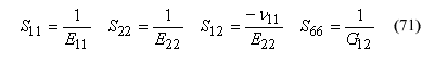 This equation reads Shear strength subscript 11 equals 1 over normal moduli of an orthotropic material subscript 11, Shear strength subscript 22 equals 1 over normal moduli of an orthotropic material subscript 22, Shear strength subscript 12 equals negative V subscript 11 over normal moduli of an orthotropic material subscript 22, Shear strength subscript 66 equals 1 over shear moduli of an orthotropic material subscript 12.