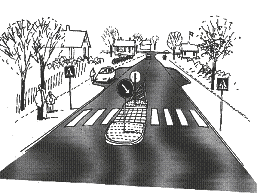 Figure 2. Diagram. A zebra crossing used in Sweden. This diagram shows a two-lane roadway with a pedestrian refuge island in the center and a crosswalk painted at the same location (several thick painted bars going parallel with the street).