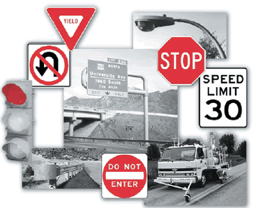 Figure. Roadway safety hardware components. Photographs. This figure displays a collage of various roadway safety hardware elements. The images are: a "Yield" sign, a lamppost, a "Stop" sign, a "Speed Limit 30" sign, a truck that is painting yellow lane divider stripes down the middle of a road, a "Do Not Enter" sign, a guardrail, a stoplight, and an overhead guidance sign that reads, "Exit 266, 189 North, University Avenue, 1860 South, 1 and ¾ miles, exit only."