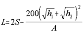 Equation 9. L equals 25 minus the result of 200 times the result of the square of the square root of h1 plus the square root of h2 which is then divided by A.