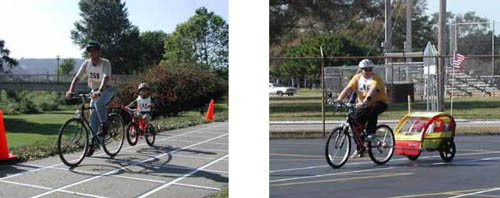 Figure 48: Photos. The longest users observed in this study exceeded 2.4 meters (8 feet) in length and should be considered the critical users. Photo 48a: An adult participant is riding a bicycle and a child participant is riding a smaller, attached bicycle (a trailer bicycle). Photo 48b: An adult participant is riding a bicycle and puling a covered bicycle trailer.