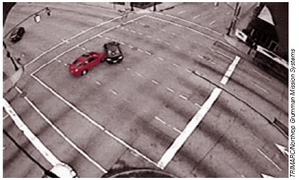 A photo taken from a camera of a crash involoving red-light running. 