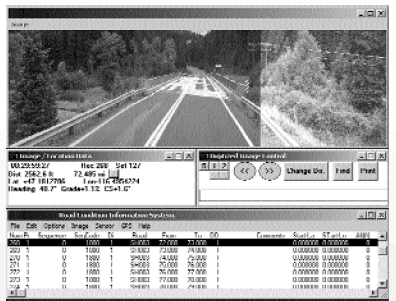 Figure 3. Video Log Software. Computer Screen Capture. This is a screen capture of the Video Log software. It consists of an image of a roadway taken from a moving vehicle. Below the road image are a set of data entry fields that are automatically filled in by the system pertaining to the image displayed above and location data. Location data fields displayed are milepost, distance and offset, road name, direction, latitude, and longitude. At the bottom of the image is an information system data sheet that describes the condition of the road displayed on the top of the page.