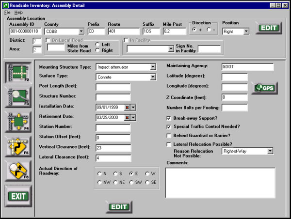 This screenshot shows the introductory screen used for a Roadside inventory application titled “Roadside Inventory: Assembly Detail.” Across the top of the figure is a horizontal box designated “Assembly Location.” It contains geographical data about an asset. Below the Assembly Location box is a vertical column of tool icons along the left side of the screen. To the right of the tool icons is a large box containing several rows of data elements with either a text box or dropdown menu to the right of each data element for data entry.