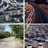 montage of: Aerial view of highway cloverleaf; busy highway traffic; a rural road; and rush-hour traffic volume on a highway.