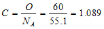 Capital C equals capital O divided by capital N subscript A, which equals 60 divided by 55.1, which equals 1.089. Explanation: Calibration coefficient bracket C close bracket equals total number of observed crashes bracket C-A-P parenthesis O close parenthesis, close bracket across selected sites and analysis years divided by total number of predicted crashes bracket C-A-P parenthesis N close parenthesis subscript A close bracket across selected sites and analysis years, which equals 60 divided by 55.1, which equals 1.089.