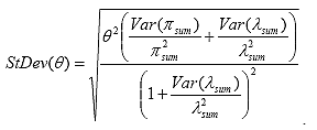 Equation 6. The standard deviation of theta. The standard deviation of theta equals the square root of the product of theta squared and a plus b divided by the quantity of 1 plus b, where a equals the quotient of variance of sum of pis divided by the sum of pi squared, and where b equals the variance of sum of lambda divided by the sum of the lambdas squared.