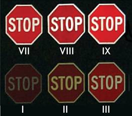 Figure 1. Illustration. This image shows six STOP sign faces on a black background. Numbered XII, XIII, IX (first row) and I, II, III (second row), the STOP signs show different levels of brightness—I being the least bright, and IX being the brightest. The change in brightness is a function of the retroreflectivity of the STOP signs. This image shows how the signs with different levels of retroreflectivity appear to oncoming cars in dark conditions.