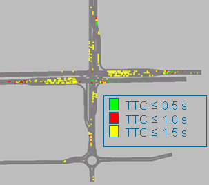 Figure 2. Screenshot. SSAM user interface display conflict locations on map. This figure shows a screenshot from SSAM, with the roadway of an intersection shown from an aerial viewpoint. It spans approximately 152.5 meters (500 feet) of roadway from all approaches to the intersection. The roadway is sprinkled with green, red, and yellow squares on all approaches and within the intersection area. A legend indicates that green squares pertain to the location of conflicts where the time-to-collision value is less than or equal to 0.5 seconds. Red squares pertain to the location of conflicts with a time-to-collision greater than 0.5 seconds and less than or equal to 1.0 seconds. Yellow squares pertain to the location of conflicts with a time-to-collision greater than 1.0 seconds and less than or equal to 1.5 seconds. 