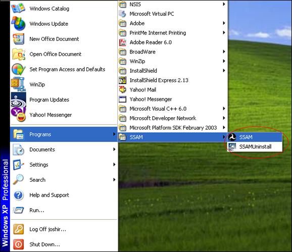 Figure 10. Screen Capture. Location of Installed SSAM Launcher and SSAM Uninstaller. The SSAM installer creates a shortcut in the Programs menu, containing the SSAM launcher and the SSAM uninstaller.