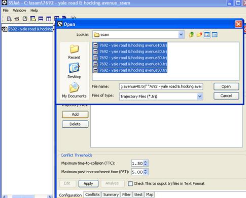 Figure 23. Screen Capture. SSAM Screen--Configuration Tab Displaying Case Files: File Selection. This screen shot shows the file selection window open over the Configuration tab of the sample SSAM case file, with five .trj files selected.