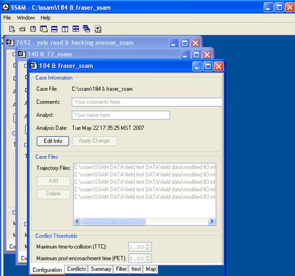 Figure 93. Screen Capture. SSAM Screen--Toggling the Workspace Window. This screen shows the workspace window toggled out from the SSAM GUI. There is no workspace window available and the three case files are cascade tiled in the full SSAM GUI.