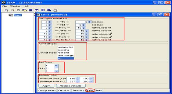 Figure 6. Screen Capture. SSAM User Interface with Filter Tab Selected. This is a screen capture of the SSAM user interface for the filter tab of the example case file. By configuring the filter parameters, only those conflicts satisfying the filter criteria will display in the conflict table once the filter is applied, and the summary statistics will recompute for this subset of the conflicts.