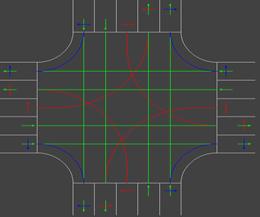 Figure 36. Screen Capture. Exclusive Left-Turn Lane. This is a screen capture of an intersection model in TEXAS. The intersection is four legged with two through lanes and shared right turn for all approaches to the intersection. All approaches have left-turn bays that are 76.25 m (250 ft) long.