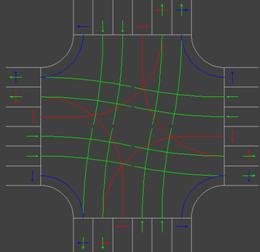Figure 44. Screen Capture. Intersection with Right-Turn Bay. This is a screen capture of an intersection model in TEXAS. The intersection is four legged with two through lanes and one left-turn lane for all approaches to the intersection. Each approach has an exclusive right-turn bay. All left turn-bays are 76.25 m (250 ft) long.
